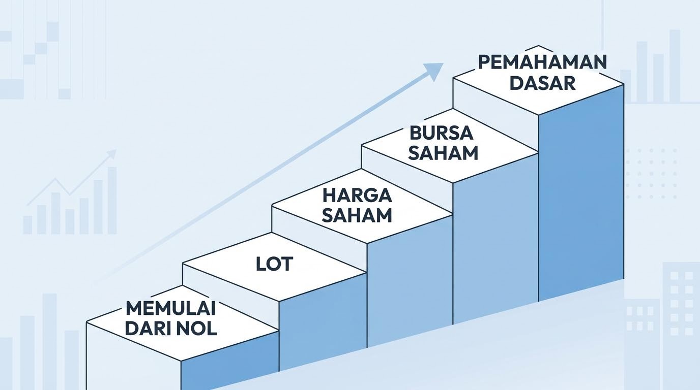 Tangga konseptual dengan anak tangga bertuliskan istilah dasar saham menuju pemahaman bertahap.