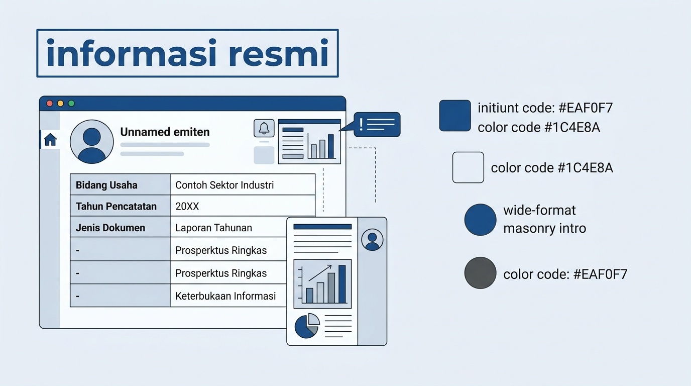 Halaman profil emiten dengan tabel data ringkas dan label informasi resmi.